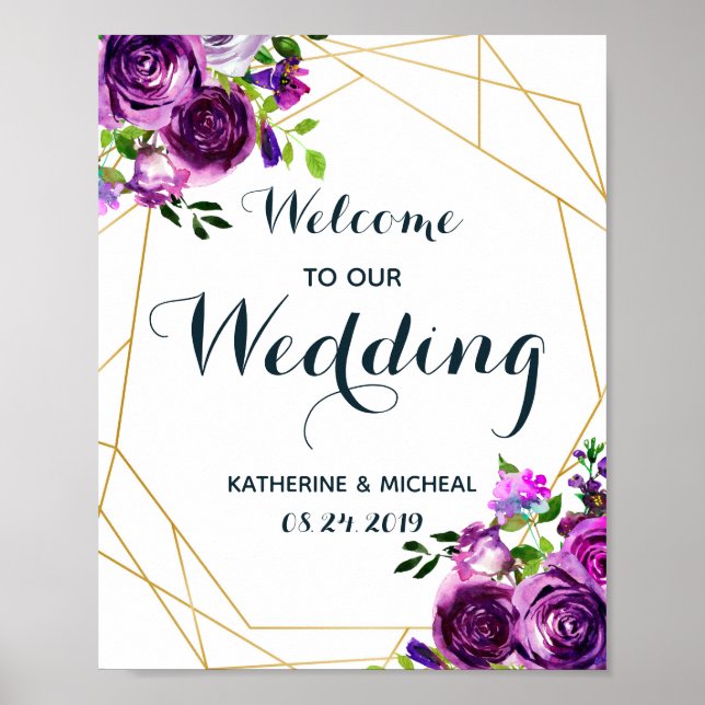 Affiche de bienvenue Mariage floral pourpre (Devant)