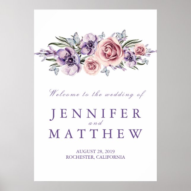 Affiche de bienvenue Mariage floral pourpre (Devant)