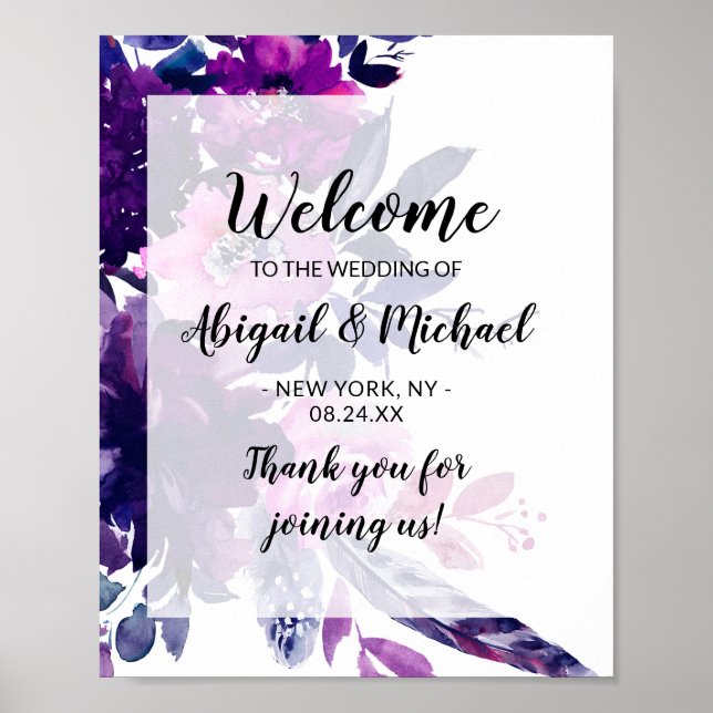 Affiche de bienvenue Mariage florale pourpre encha (Devant)