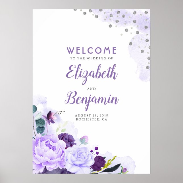 Affiche de bienvenue Mariage florale violet et arg (Devant)