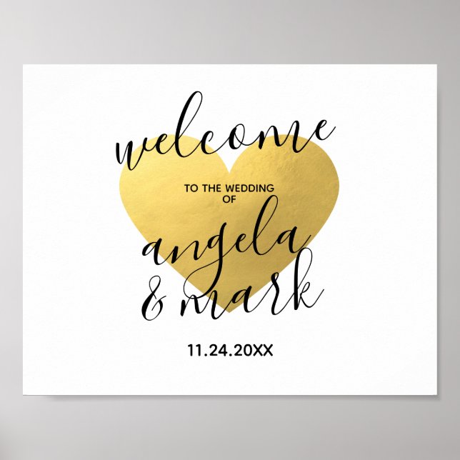 Affiche de bienvenue Mariage Gold Coeur Blanc (Devant)