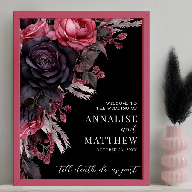 Affiche de bienvenue Mariage gothique noir (Gothic Black Floral Wedding Welcome Sign)