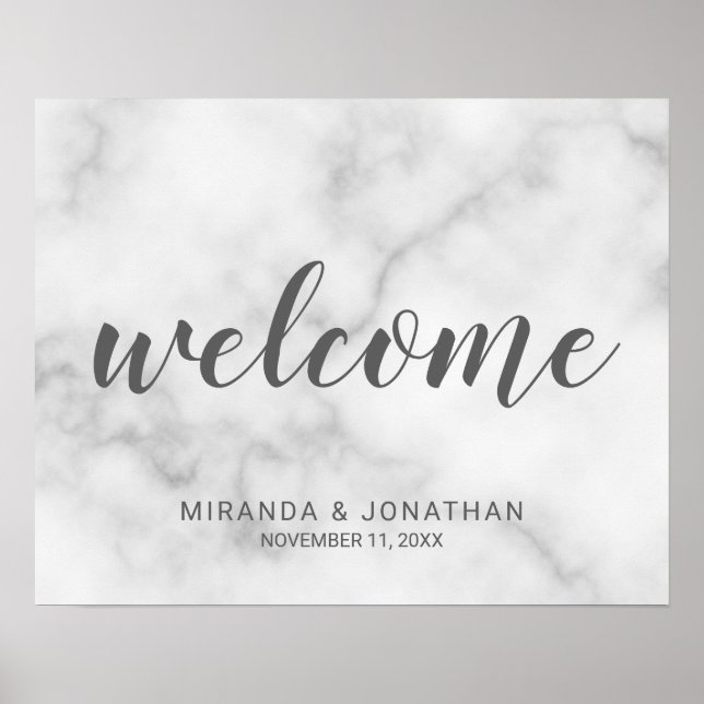 Affiche de bienvenue Mariage Marbre blanc élégant (Devant)