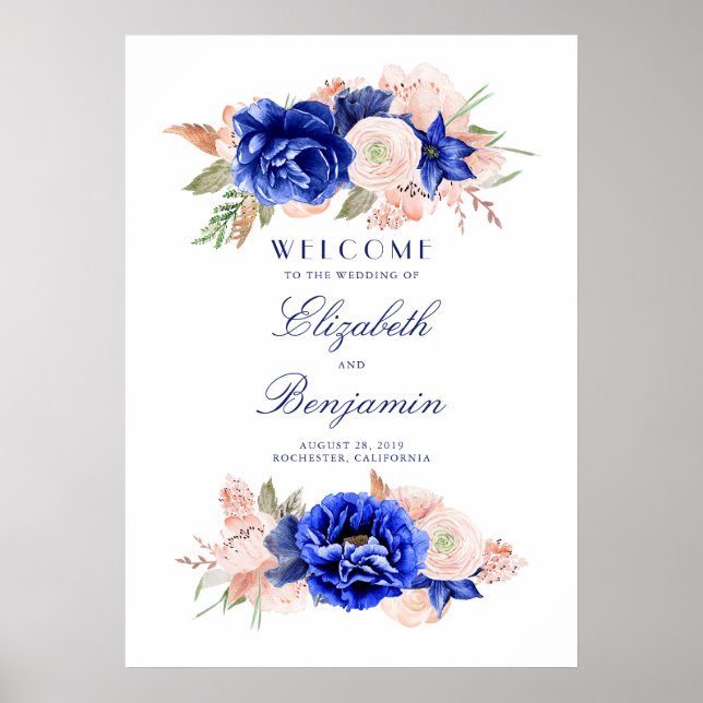 Affiche de bienvenue Mariage marine et rose (Devant)