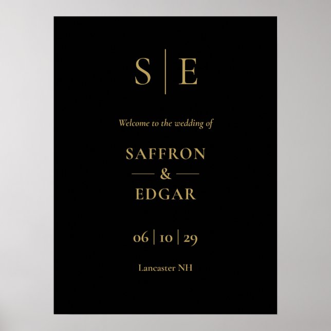 Affiche de bienvenue Mariage Monogramme Noir Et Or (Devant)
