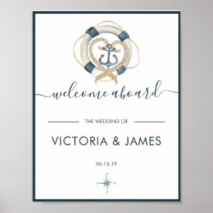 Affiche de bienvenue Mariage Nautique, Navy & Blan