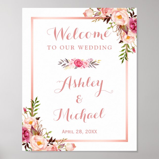 Affiche de bienvenue Mariage or Rose rose Floral (Devant)