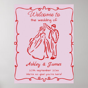 Affiche de bienvenue Mariage rose blanc tiré à la 