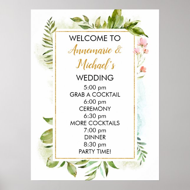Affiche de bienvenue Mariage rose et verte (Devant)