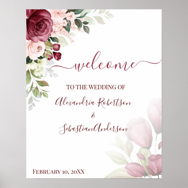 Affiche de bienvenue Mariage Rose florale (Devant)