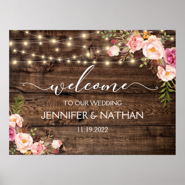 Affiche de bienvenue Mariage Rustic String Lights (Devant)