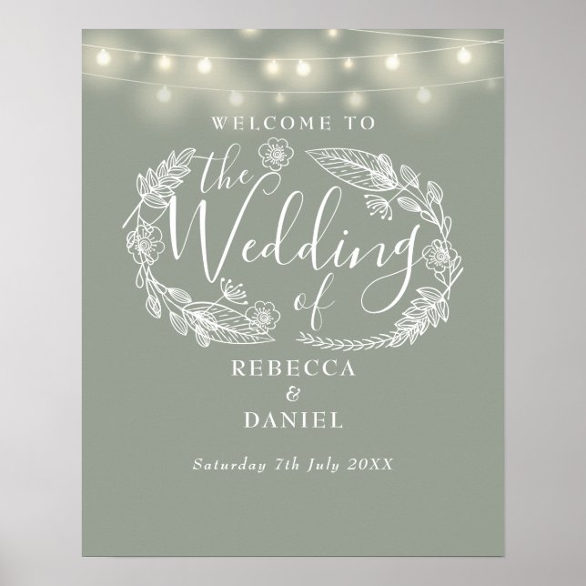 Affiche de bienvenue Mariage Sage Green String Lig (Devant)