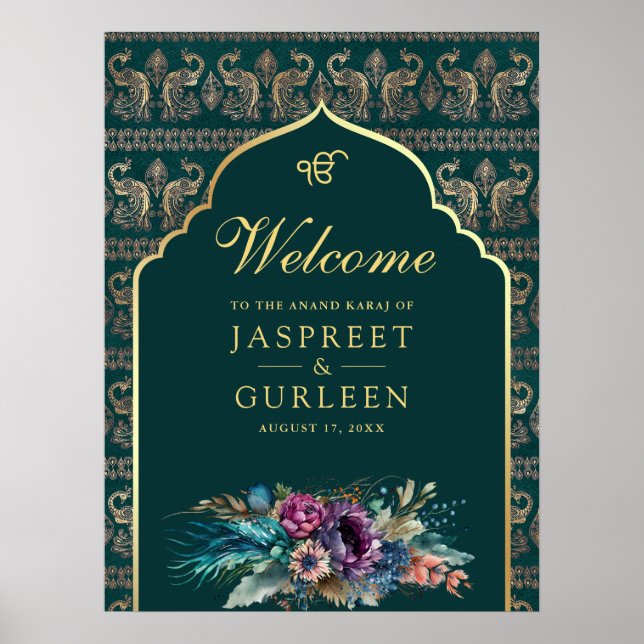 Affiche de bienvenue Mariage turquoise Gold Anand  (Devant)