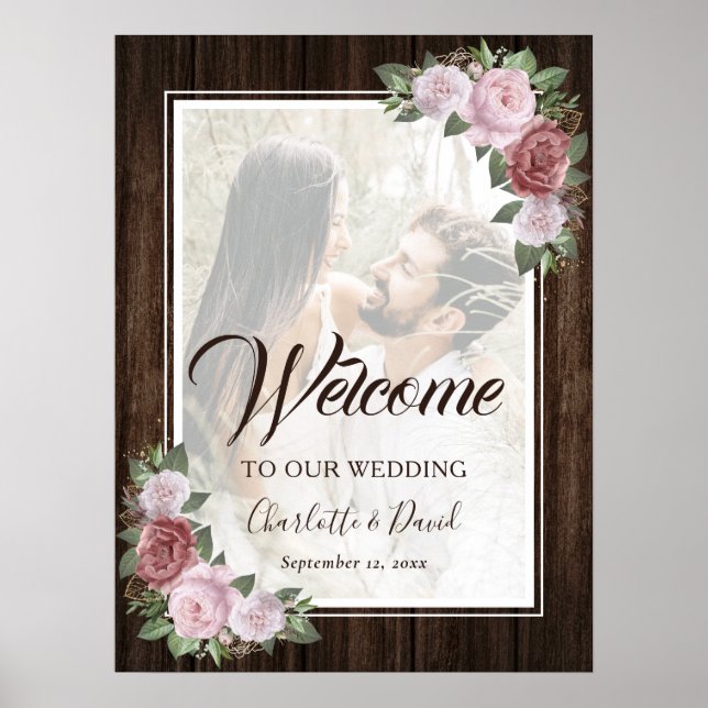 Affiche de bienvenue photo Rustique Bois rose pâle (Devant)