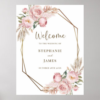 Affiche de bienvenue pour mariage à fleurs roses