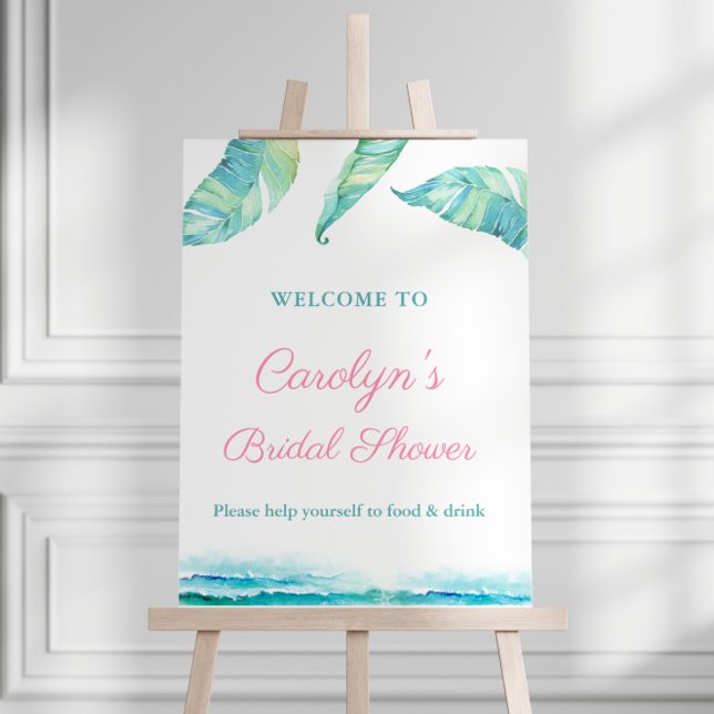 Affiche de bienvenue pour une fête de douche nupti (Tropical theme Aqua pink bridal shower party welcome sign)