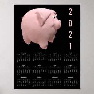 Affiche de calendrier 2021 drôle de cochon 3D noir