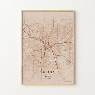 Affiche de carte de Dallas en cuivre, Art mural du