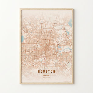 Affiche de carte de Houston en terre cuite, cadeau