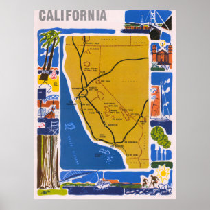 Affiche de carte picturale vintage de Californie 1