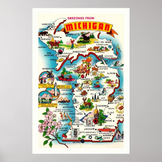 Affiche de carte vintage colorée du Michigan (Devant)