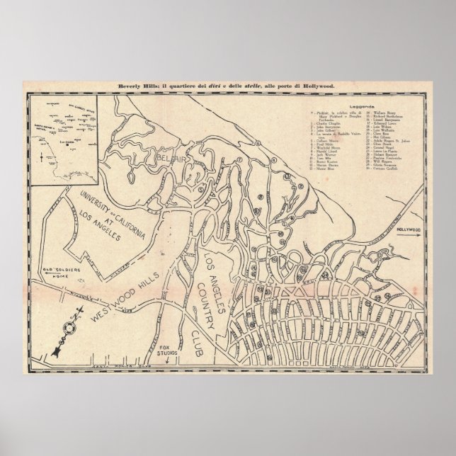 Affiche de carte vintage de Beverly Hills 1930 (Devant)