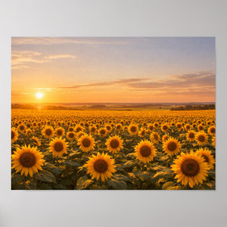 Affiche de champ de tournesols au coucher de solei