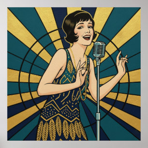 Affiche de chanteur de jazz rétro bleu et or vinta