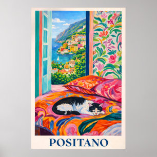 Affiche de chat de Positano, vue sur la fenêtre de