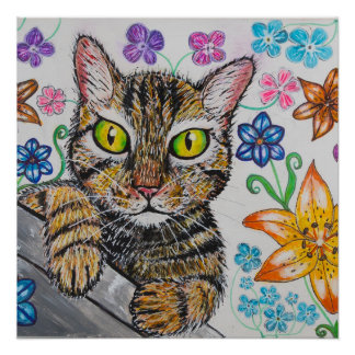 Affiche de chat et de fond floral 