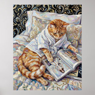 Affiche de chat lisant au lit, impression artistiq