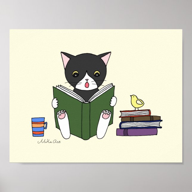 Affiche de chat lisant un livre pour enfants Art d (Devant)