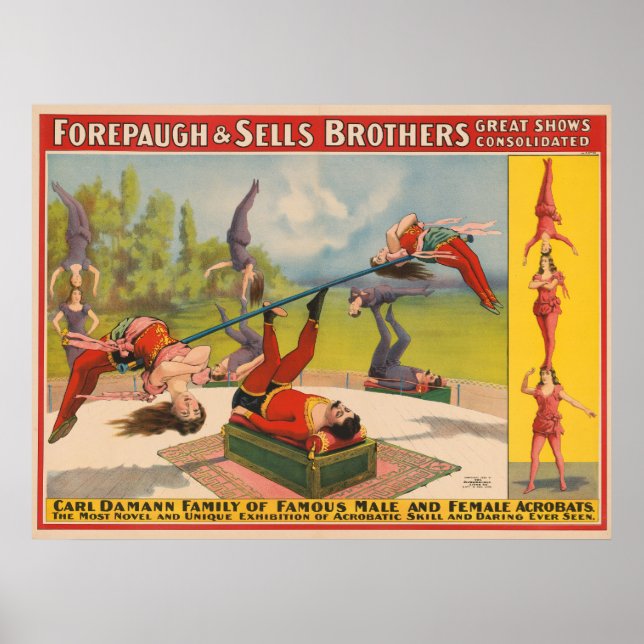 Affiche de cirque montrant des actes acrobatiques, (Devant)