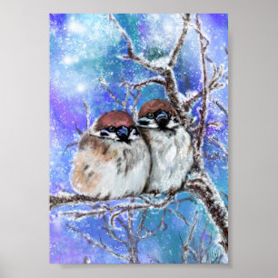 Affiche de Couple de Moineaux en Hiver