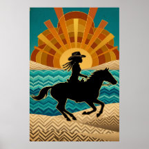 Affiche de cowgirl Art Déco Cheval Coucher de sole