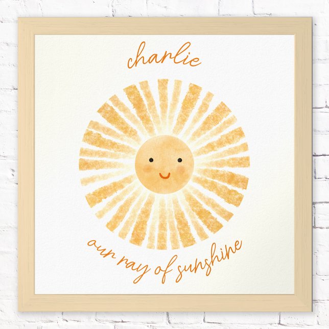 Affiche de décoration de nurserie personnalisée Ra (Our ray of sunshine personalized custom text happy watercolor sun poster for nursery decor)