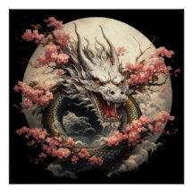 Affiche de fantasy Dragon Blanc & Lune de Sakura