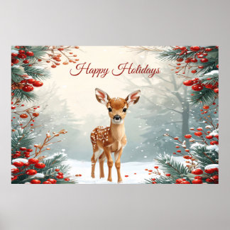 Affiche de faon mignon dans une forêt enneigée