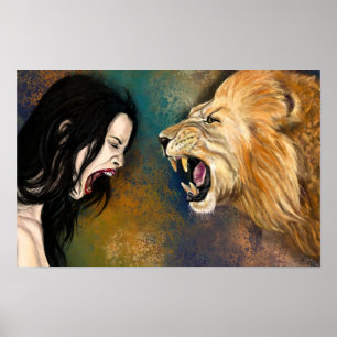 Affiche de femme et de lion qui crient - Peinture