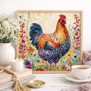 Affiche de ferme colorée Coq Maison de campagne Mu