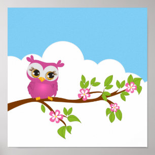 Affiche de fille hibou mignonne sur une branche