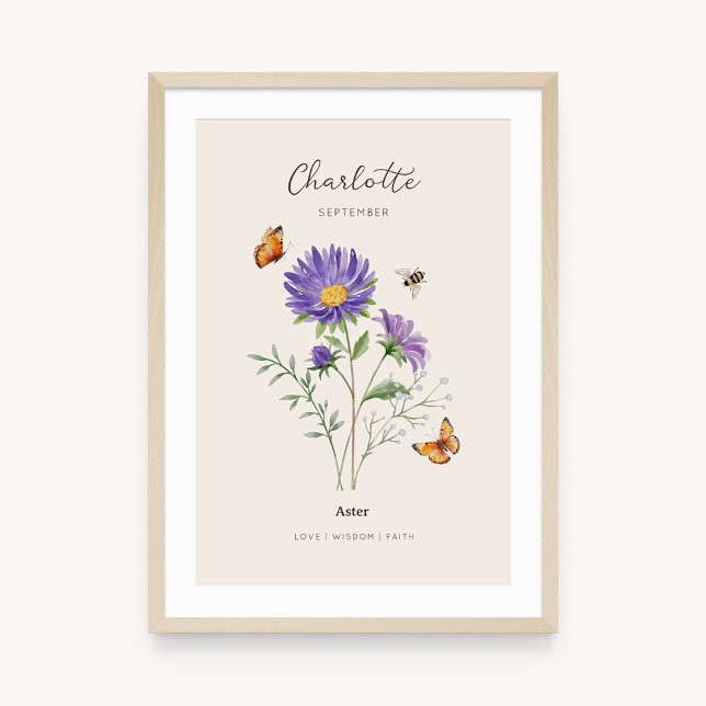 Affiche de fleur de naissance Aster (Example of aster birth flower poster once framed. )
