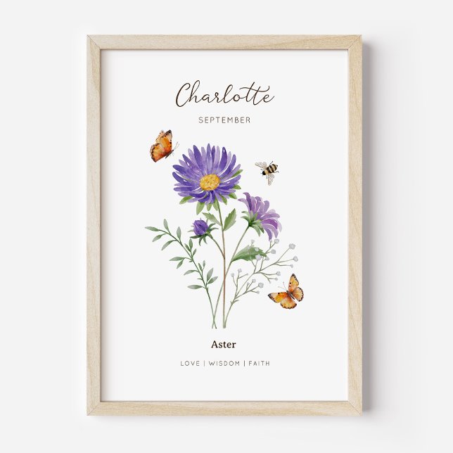 Affiche de fleur de naissance Aster (Example of aster birth flower poster once framed. )