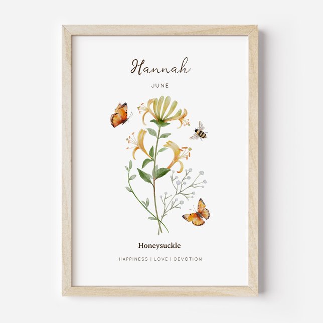 Affiche de fleur de naissance Chèvrefeuille (Example of honeysuckle birth flower poster once framed. )