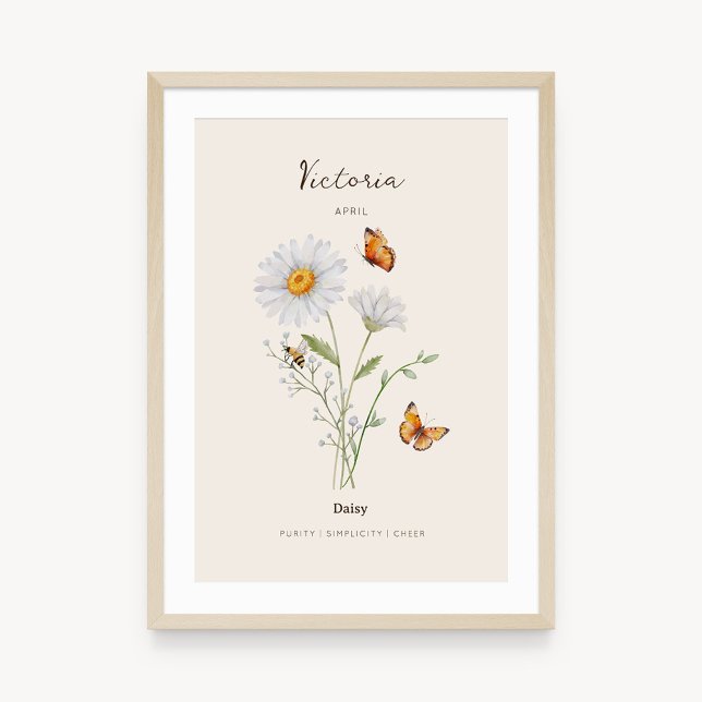 Affiche de fleur de naissance Daisy (Example of daisy birth flower poster once framed. )