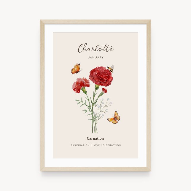 Affiche de fleur de naissance d'Œillet (Example of carnation birth flower poster once framed. )