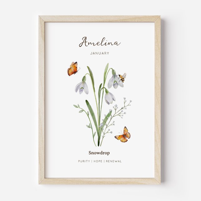 Affiche de fleur de naissance perce-neige (Example of snowdrop birth flower poster once framed. )