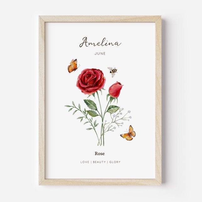 Affiche de fleur de naissance Rose (Example of rose birth flower poster once framed. )