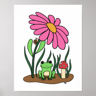 Affiche de fleur et de grenouille mignonne