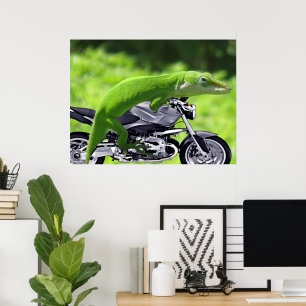 Affiche de gecko hawaïen vert sur moto